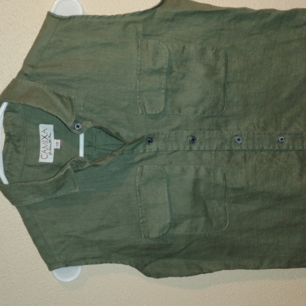 Olive Green 100% linen Sleeveless Button Down Camixa Top XS - Picture 2 of 6